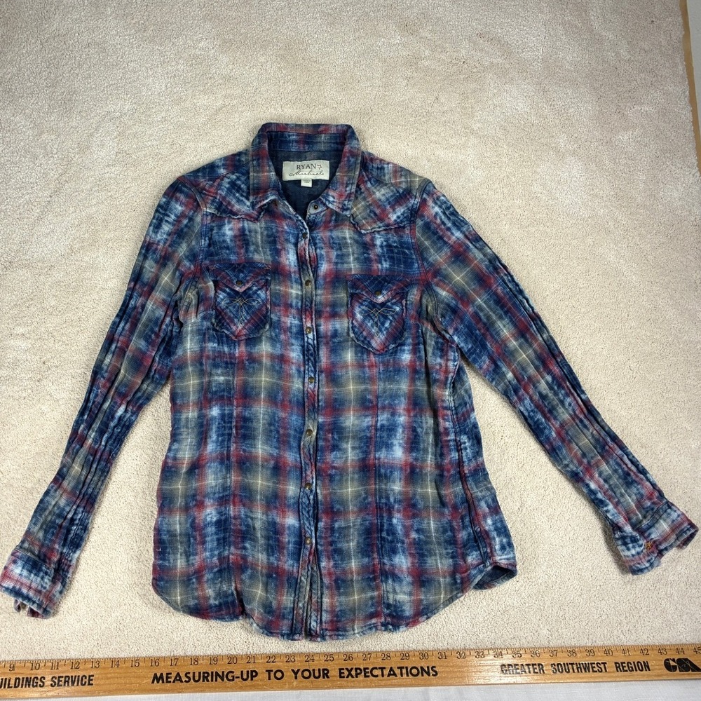 Ryan Michael Womens Indigo Plaid Western Shirt Acid Wash Cotton R1705FH Large - Picture 2 of 6